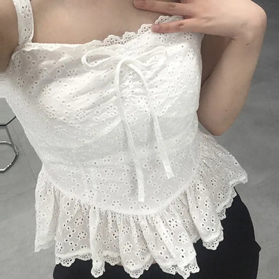Doori Punching Lace Ribbon Sleeveless Top