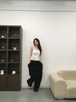 Doori Punching Lace Ribbon Sleeveless Top
