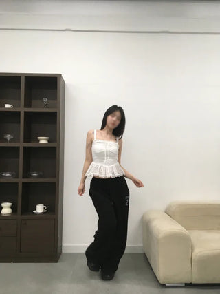 Doori Punching Lace Ribbon Sleeveless Top