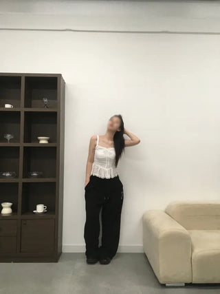 Doori Punching Lace Ribbon Sleeveless Top