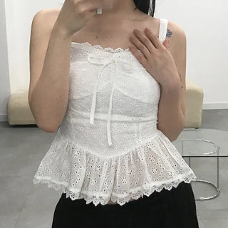 Doori Punching Lace Ribbon Sleeveless Top