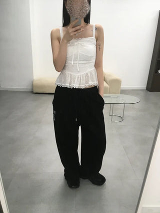 Doori Punching Lace Ribbon Sleeveless Top