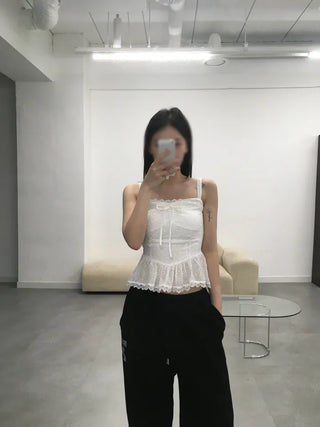Doori Punching Lace Ribbon Sleeveless Top