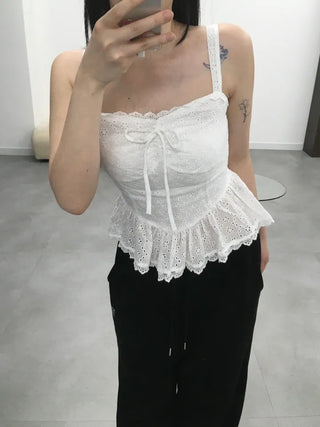 Doori Punching Lace Ribbon Sleeveless Top