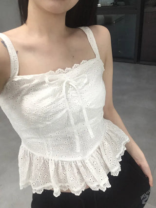 Doori Punching Lace Ribbon Sleeveless Top