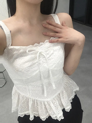 Doori Punching Lace Ribbon Sleeveless Top