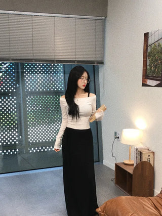 Sailor Square Neck Off-Shoulder Long Sleeve T-shirt