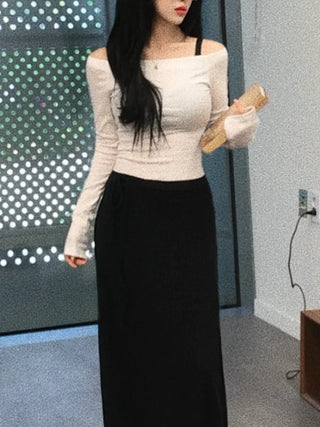 Sailor Square Neck Off-Shoulder Long Sleeve T-shirt