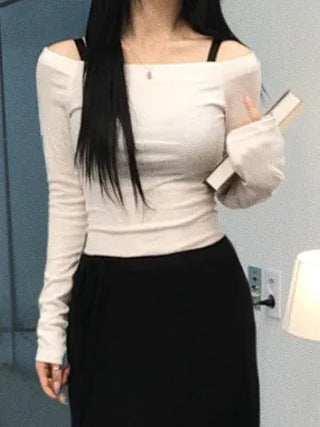 Sailor Square Neck Off-Shoulder Long Sleeve T-shirt