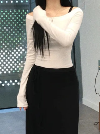 Sailor Square Neck Off-Shoulder Long Sleeve T-shirt