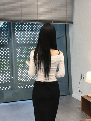Sailor Square Neck Off-Shoulder Long Sleeve T-shirt
