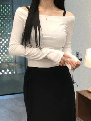 Sailor Square Neck Off-Shoulder Long Sleeve T-shirt