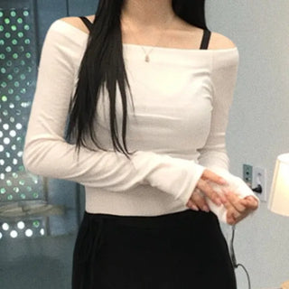 Sailor Square Neck Off-Shoulder Long Sleeve T-shirt