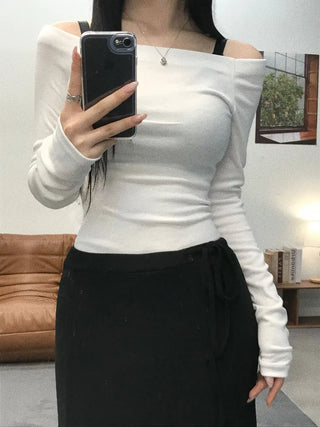 Sailor Square Neck Off-Shoulder Long Sleeve T-shirt