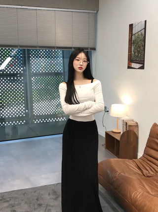 Sailor Square Neck Off-Shoulder Long Sleeve T-shirt