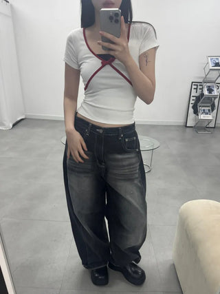 Rafi Color Block Ribbon Point Short Sleeve T-shirt