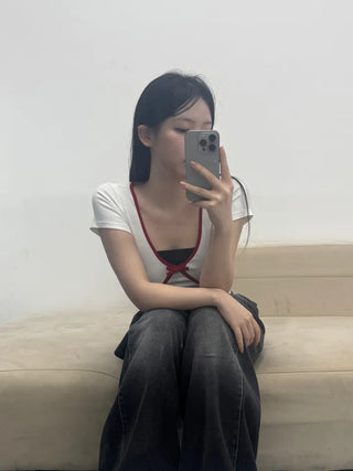 Rafi Color Block Ribbon Point Short Sleeve T-shirt