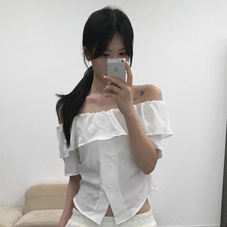 Dubi Frill Off-Shoulder Short-Sleeve Blouse