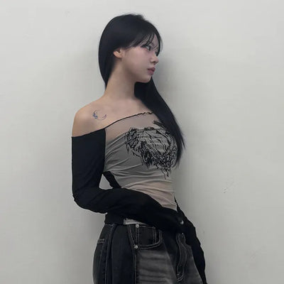Nicole See-through Wing Off-Shoulder Long Sleeve Tee