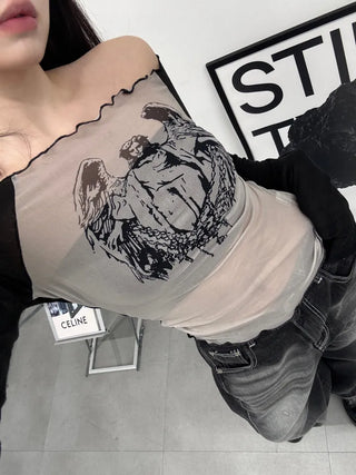 Nicole See-through Wing Off-Shoulder Long Sleeve Tee
