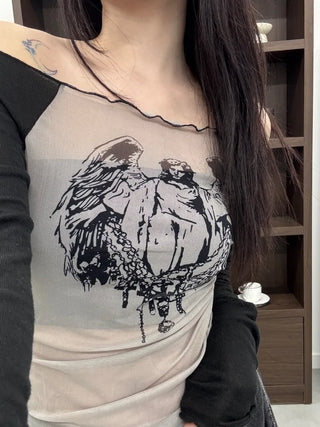 Nicole See-through Wing Off-Shoulder Long Sleeve Tee