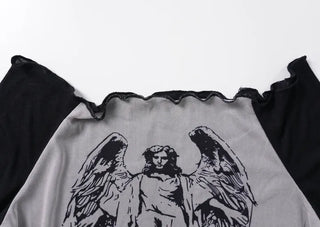 Nicole See-through Wing Off-Shoulder Long Sleeve Tee