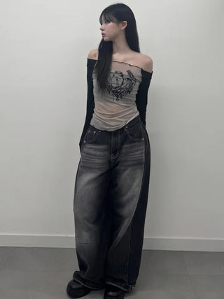 Nicole See-through Wing Off-Shoulder Long Sleeve Tee