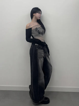Nicole See-through Wing Off-Shoulder Long Sleeve Tee