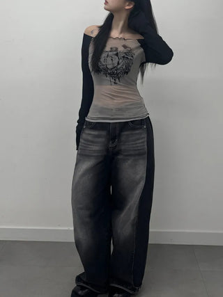 Nicole See-through Wing Off-Shoulder Long Sleeve Tee