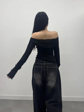 Nicole See-through Wing Off-Shoulder Long Sleeve Tee