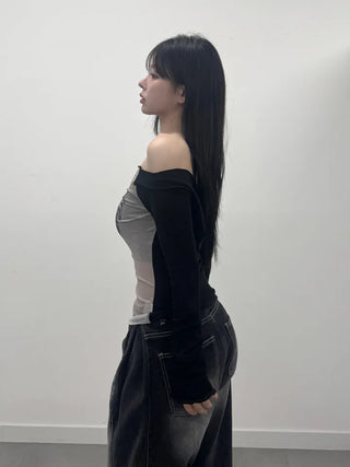 Nicole See-through Wing Off-Shoulder Long Sleeve Tee