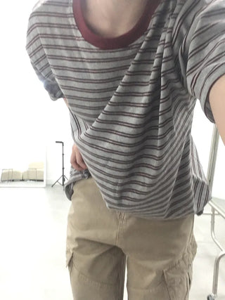 Beak Boxy Fit Striped Color Block Short Sleeve T-shirt