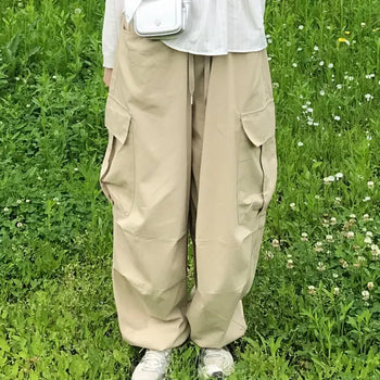 Quilted Cargo Pocket Elastic Waist Long Wide Pants