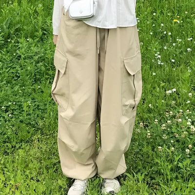 Quilted Cargo Pocket Elastic Waist Long Wide Pants