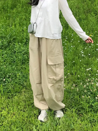 Quilted Cargo Pocket Elastic Waist Long Wide Pants