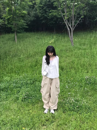 Quilted Cargo Pocket Elastic Waist Long Wide Pants