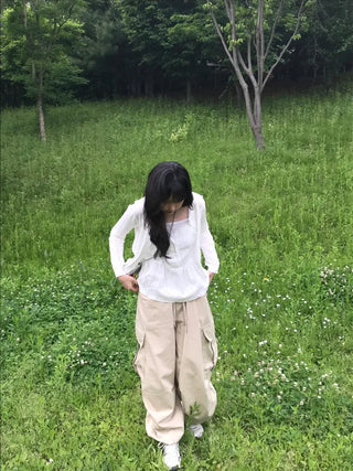 Quilted Cargo Pocket Elastic Waist Long Wide Pants