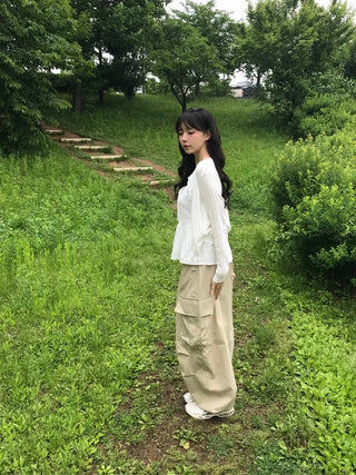 Quilted Cargo Pocket Elastic Waist Long Wide Pants