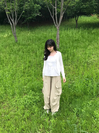 Quilted Cargo Pocket Elastic Waist Long Wide Pants