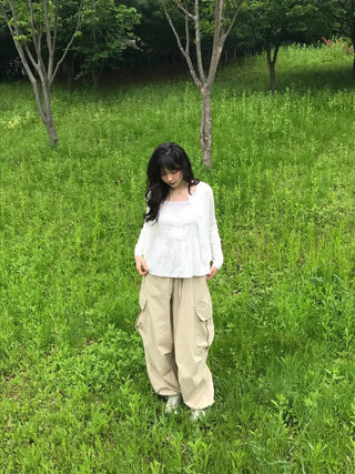 Quilted Cargo Pocket Elastic Waist Long Wide Pants
