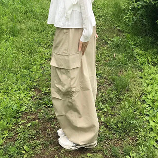 Quilted Cargo Pocket Elastic Waist Long Wide Pants