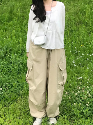 Quilted Cargo Pocket Elastic Waist Long Wide Pants