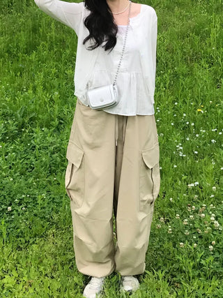 Quilted Cargo Pocket Elastic Waist Long Wide Pants