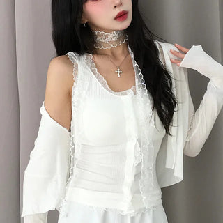 Lupo Lace Stretchy Button Sleeveless