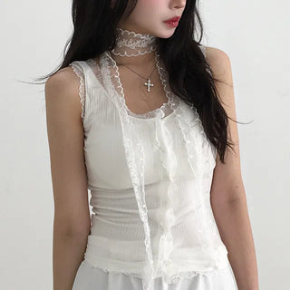 Lupo Lace Stretchy Button Sleeveless