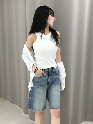 Moss Cat Washed Knee-Length Denim Bermuda Pants
