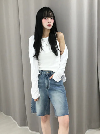 Moss Cat Washed Knee-Length Denim Bermuda Pants