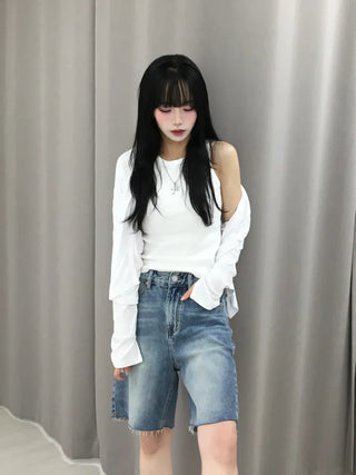 Moss Cat Washed Knee-Length Denim Bermuda Pants