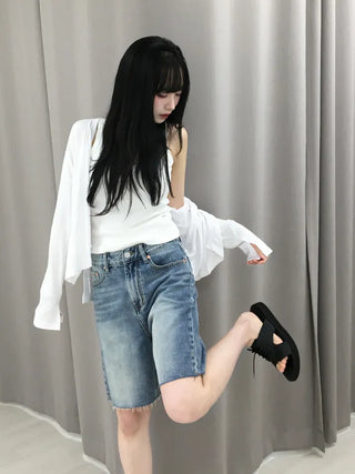 Moss Cat Washed Knee-Length Denim Bermuda Pants