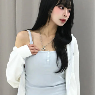 Poly Button Square Ribbed Sleeveless